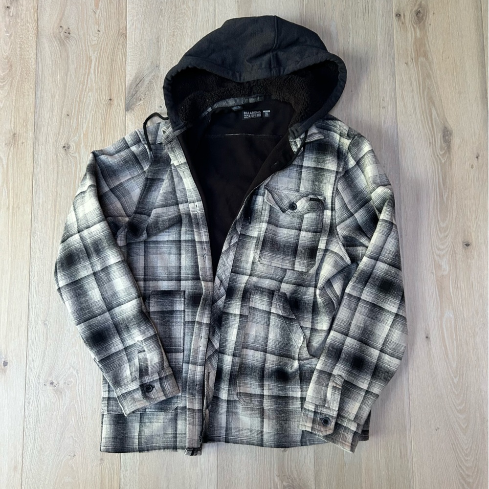 Billabong Black and white Plaid Hooded Jacket men’s size XL Adventure Division